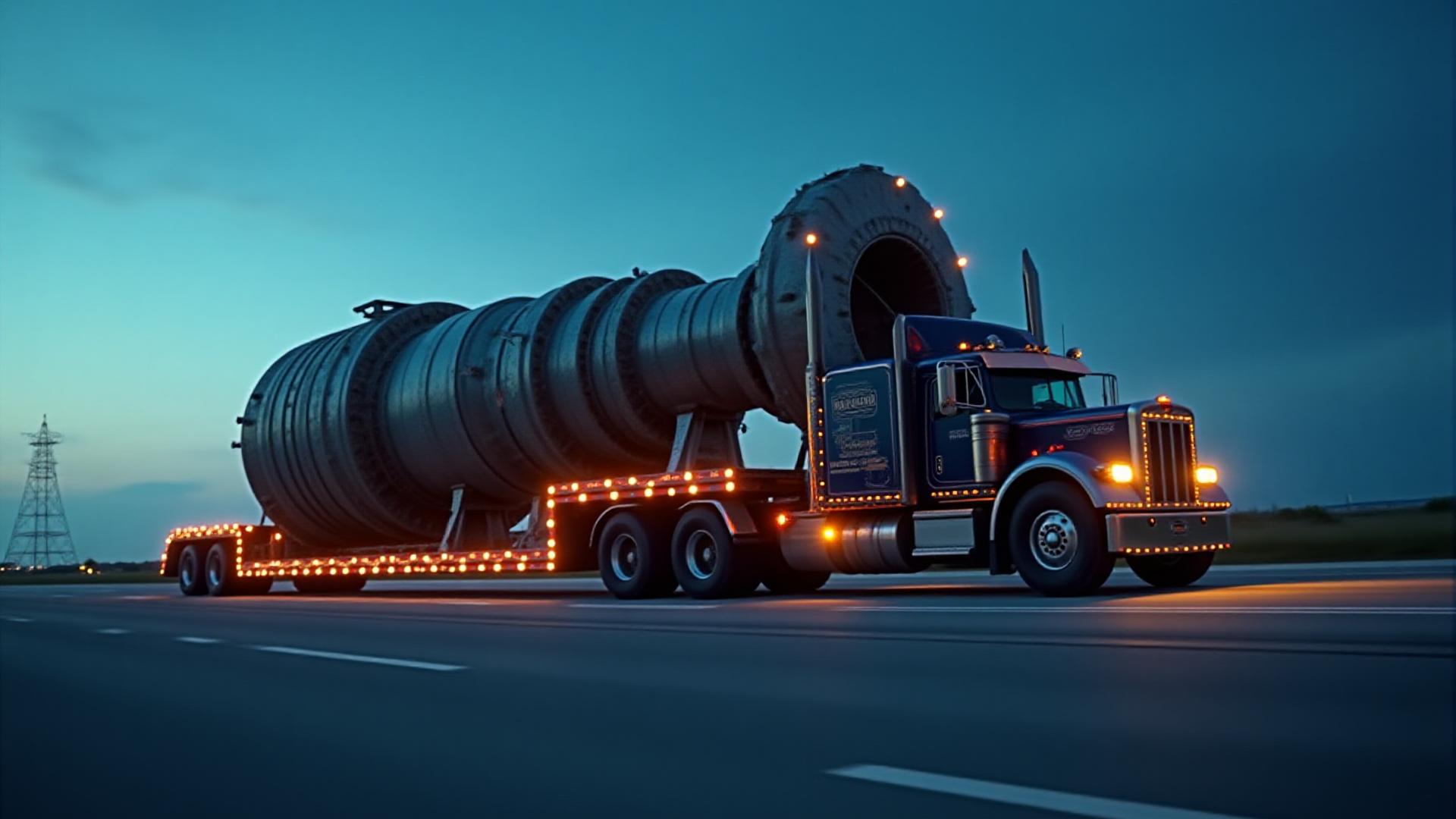 Massive industrial turbine on a multi-axle Pinada heavy haul trailer