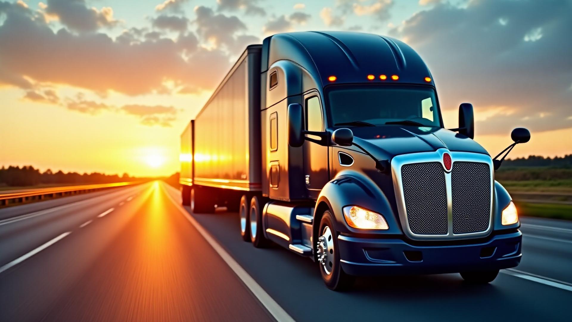 Modern Pinada heavy-duty truck fleet at dusk on a Florida expressway